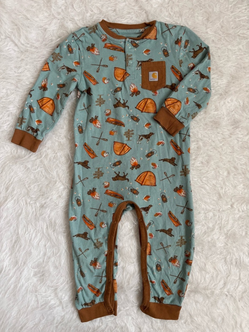 Carhartt Toddler Teal & Brown Outdoorsy Camping Motifs AOP Snap Jumpsuit
